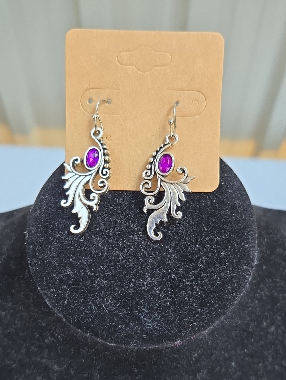Silver Filigree Drop Earrings with Purple Gemstone
